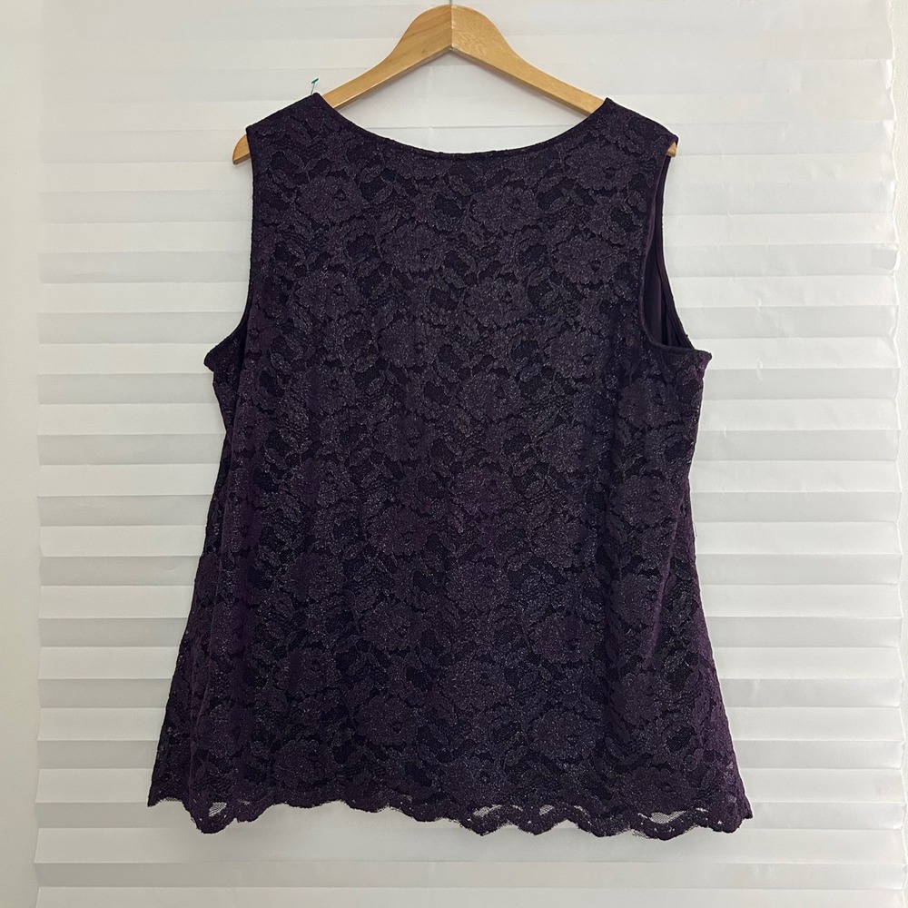 Catherines Purple Floral Lace Shimmer Tank Top Blouse Plus Sz 24W Scalloped Hem - Picture 2 of 7